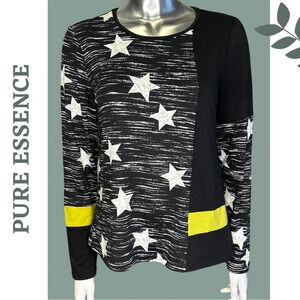 Pure  Essence Long Sleeve Knit Top Color Block Star Print Back Yellow White